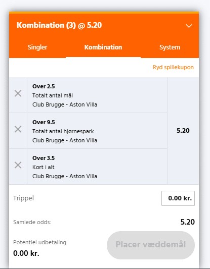 Club Brugge - Aston Villa 06-11-2024 bet builder expekt